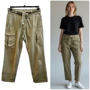 Zara Size 10 Green Cotton Waist Tie Cargo Pockets Pants 25 Inch Inseam Utility